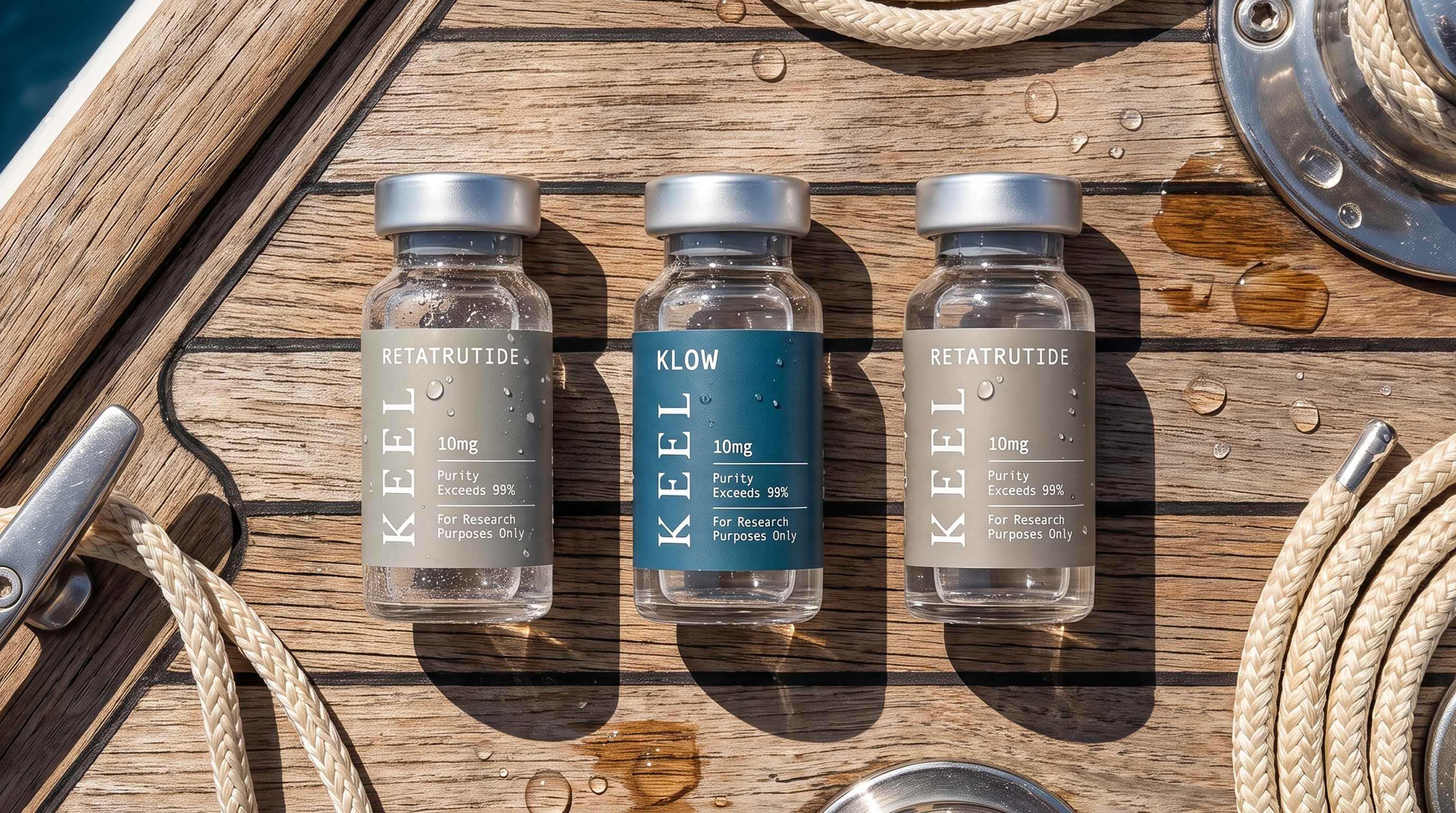 Three KEEL research vials on a yacht deck
